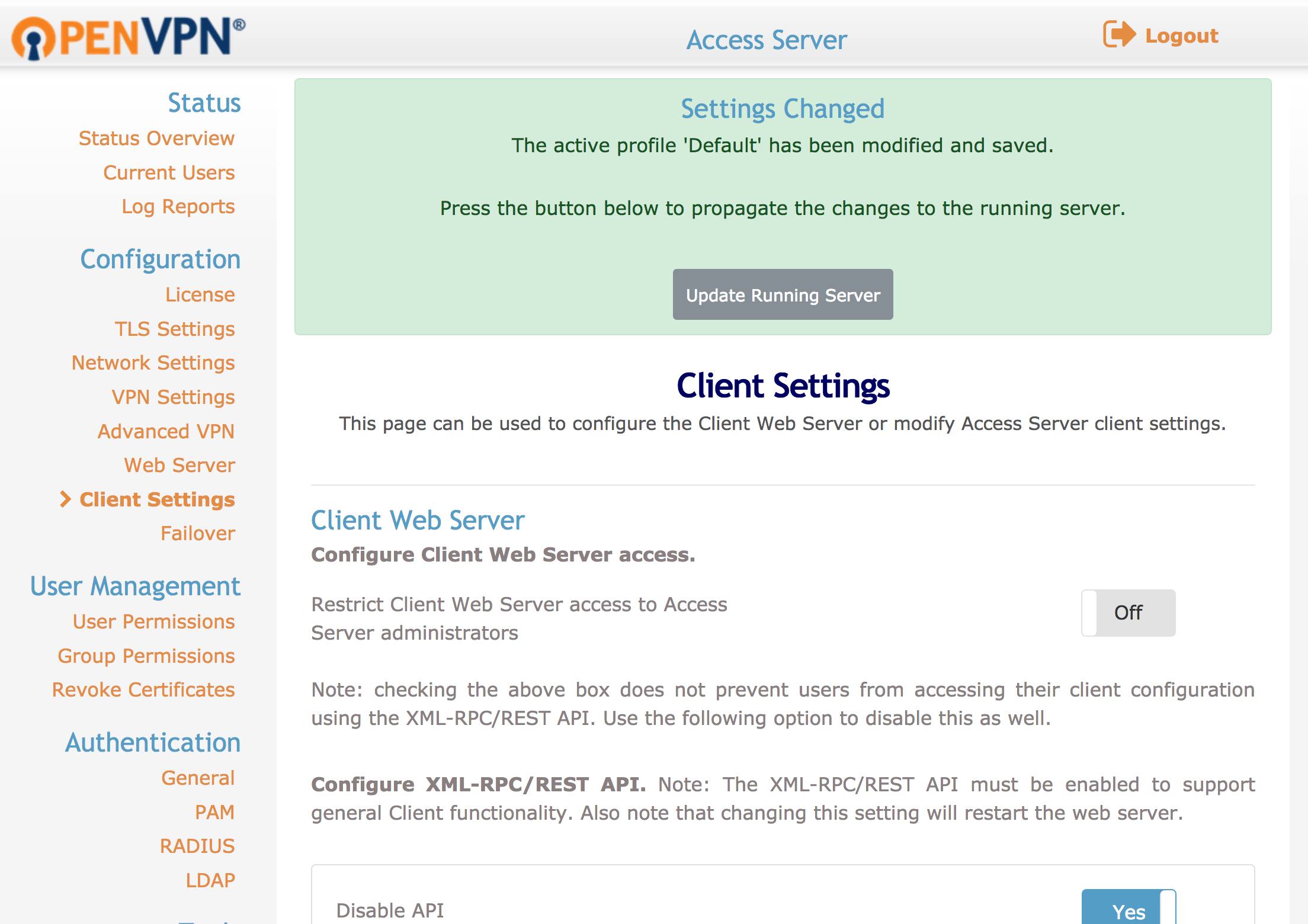 OpenVPN Access Settings Changed.
